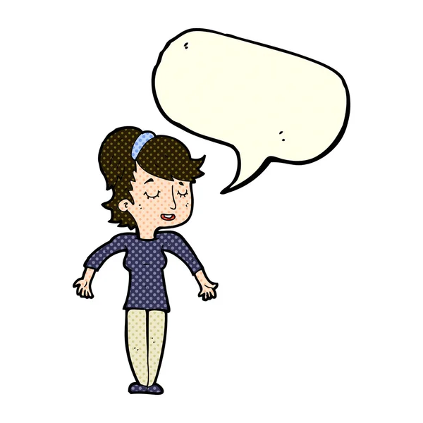 Mujer amigable dibujos animados hombros encogiéndose de hombros con burbuja del habla — Vector de stock