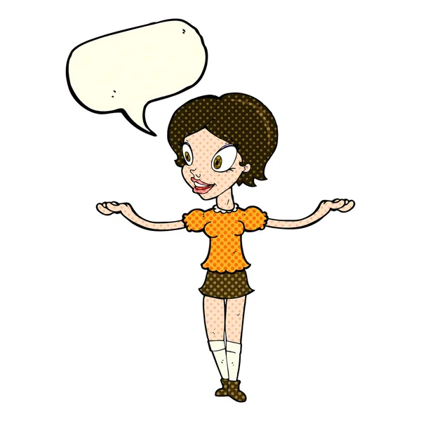 Mujer de dibujos animados con los brazos extendidos con burbuja de habla — Vector de stock