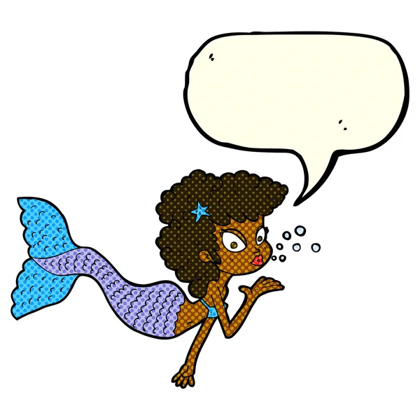 Cartoon mermaid blowing kiss with speech bubble — Stock Vector