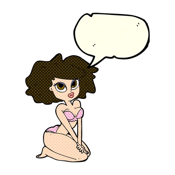 Donna dei cartoni animati che indossa bikini con bolla vocale — Vettoriale Stock