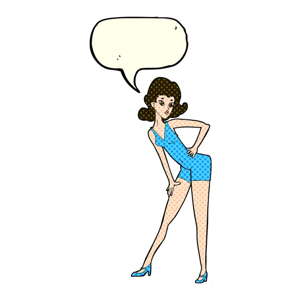 Modello di cartone animato donna in posa con la bolla discorso — Vettoriale Stock