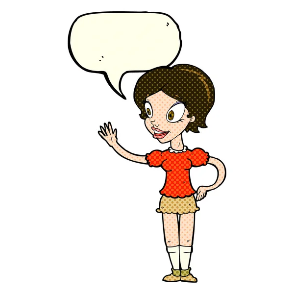 Cartone animato donna che ondeggia con la bolla discorso — Vettoriale Stock