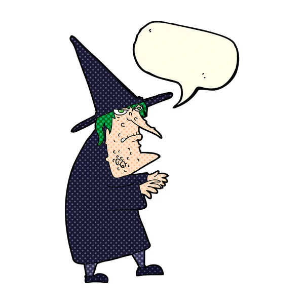 Γελοιογραφία άσχημο παλιά μάγισσα με φούσκα ομιλία — Διανυσματικό Αρχείο