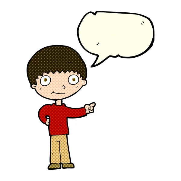 Desenho animado menino feliz apontando com bolha de fala — Vetor de Stock