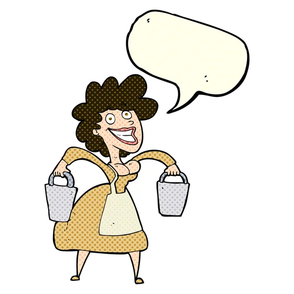Cartoon melkmeisje dragen emmers met spraakbel — Stockvector