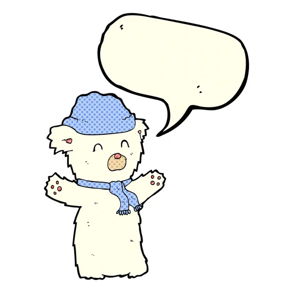 Desenho animado bonito urso polar em chapéu e cachecol com bolha de fala — Vetor de Stock