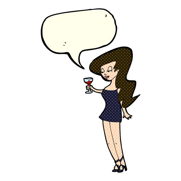 Mujer de dibujos animados en la fiesta con burbuja del habla — Vector de stock