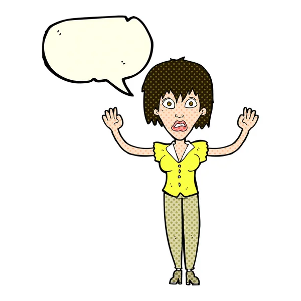 Mujer de dibujos animados estresándose con la burbuja del habla — Vector de stock