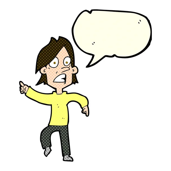 Карикатура обеспокоенного человека, указывающего на пузырь речи — стоковый вектор