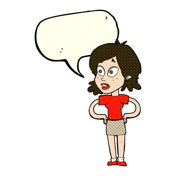 Mujer de dibujos animados con las manos en las caderas con burbuja del habla — Vector de stock