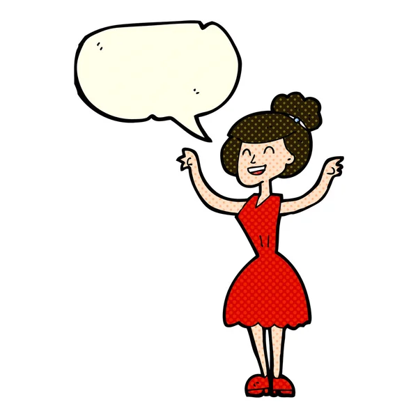 Cartoon woman with raised arms with speech bubble — Stock Vector