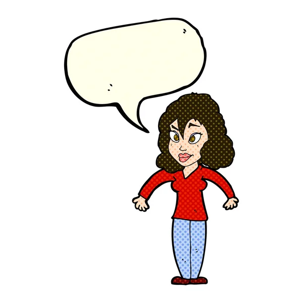 Mulher dos desenhos animados encolhendo ombros com bolha de fala — Vetor de Stock