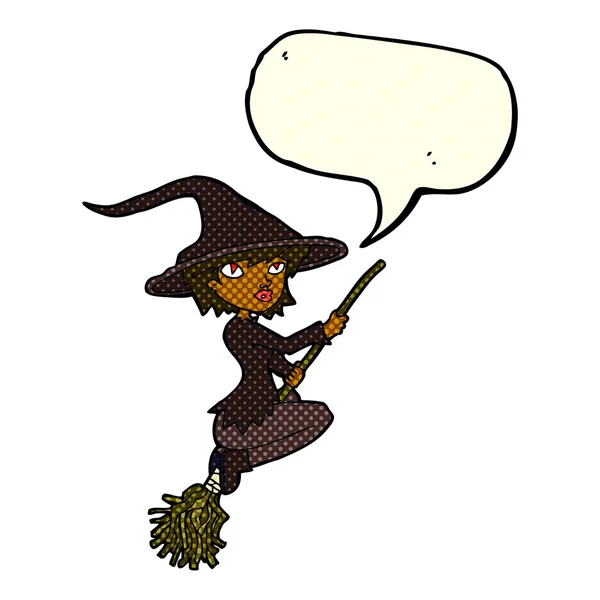 卡通片中的女巫骑着带有言语泡泡的扫帚 — 图库矢量图片