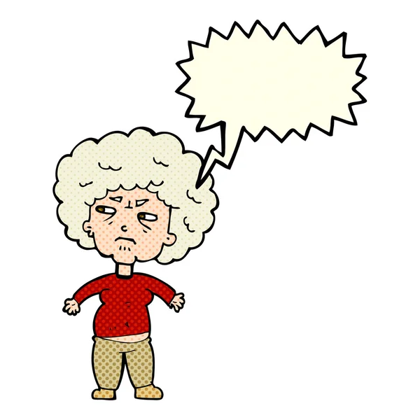 Cartoon annoyed old woman with speech bubble — Stock Vector