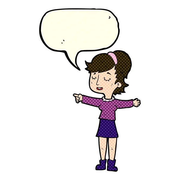Karikatür mutlu kadın konuşma balonu ile işaret — Stok Vektör