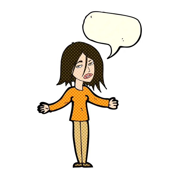 Cartoon woman shrugging shoulders with speech bubble — Stock Vector