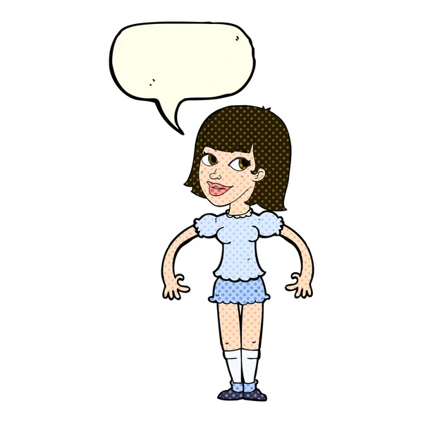 Cartoon woman shrugging shoulders with speech bubble — Stock Vector