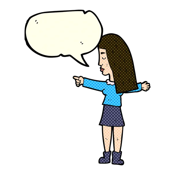 Dibujos animados mujer apuntando con el habla burbuja — Archivo Imágenes Vectoriales