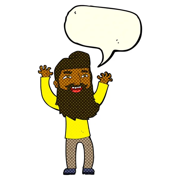 Dibujos animados hombre barbudo feliz agitando brazos con burbuja del habla — Archivo Imágenes Vectoriales