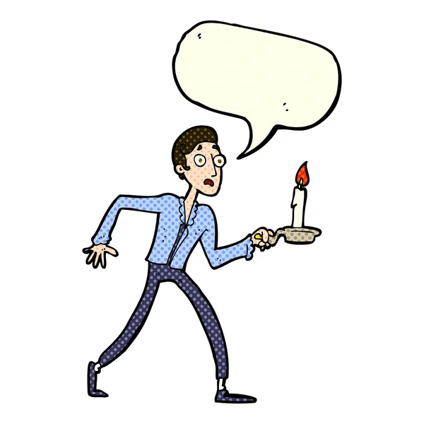 Dibujos animados asustado hombre caminando con candelabro con el habla bubb — Vector de stock