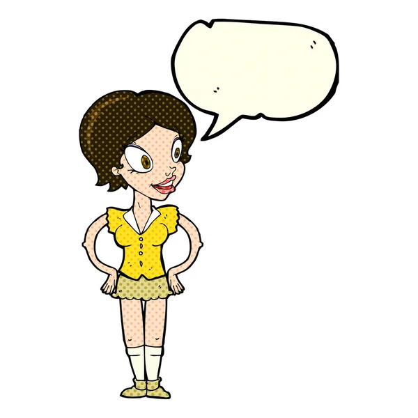 Γελοιογραφία ευτυχισμένη γυναίκα στην κοντή φούστα με το συννεφάκι λόγου — Διανυσματικό Αρχείο