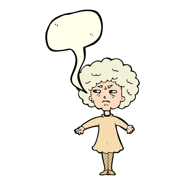 Cartoon bitter old woman with speech bubble — Stock Vector