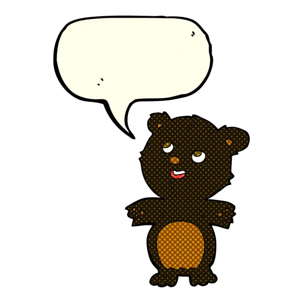 Karikatur glücklicher kleiner Schwarzbär mit Sprechblase — Stockvektor
