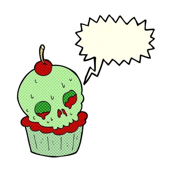 Desenho animado halloween copo bolo com bolha de fala — Vetor de Stock