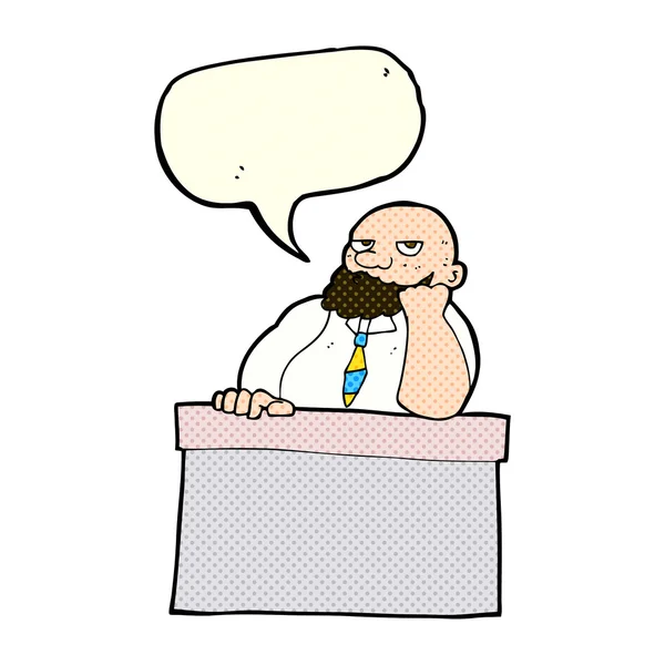 Cartoon bored man at desk with speech bubble — Stock Vector