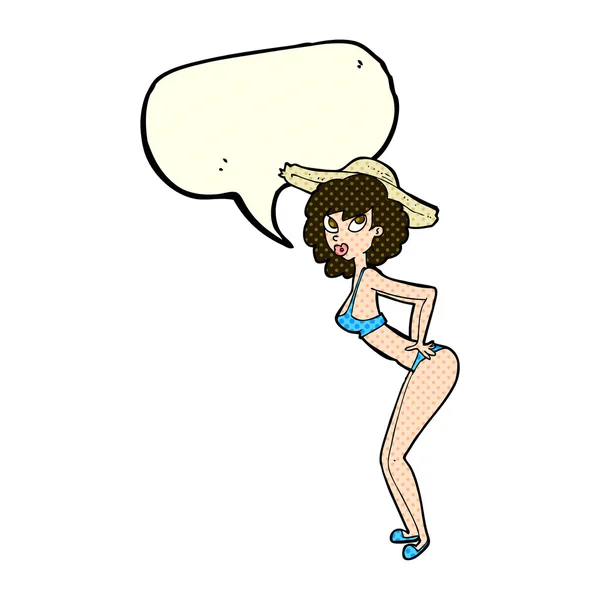 Cartone animato pin-up spiaggia ragazza con bolla discorso — Vettoriale Stock