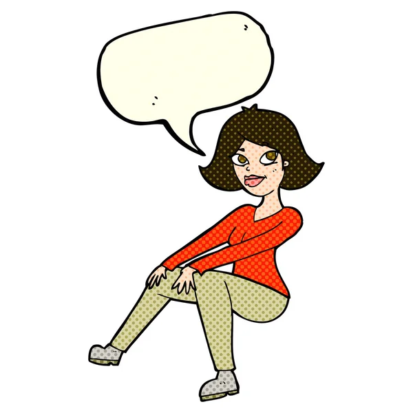 Cartoon gelukkig vrouw zitten met tekstballon — Stockvector