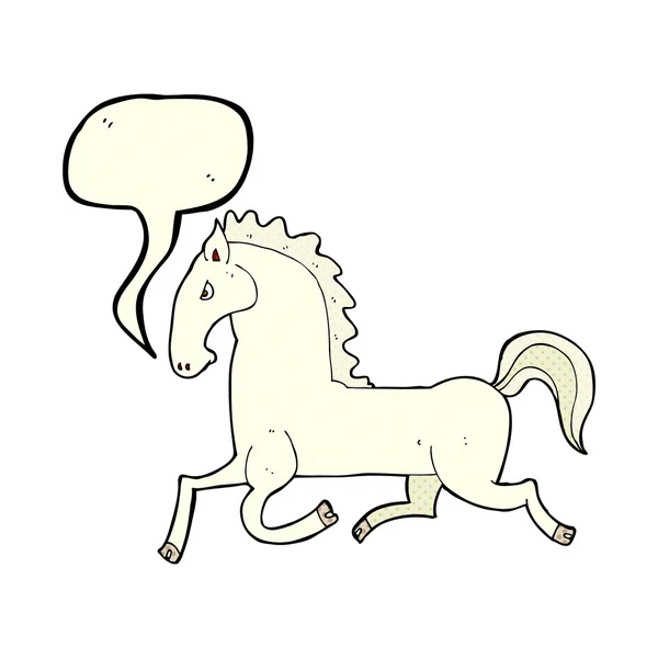 Kartun berjalan kuda putih dengan gelembung bicara - Stok Vektor