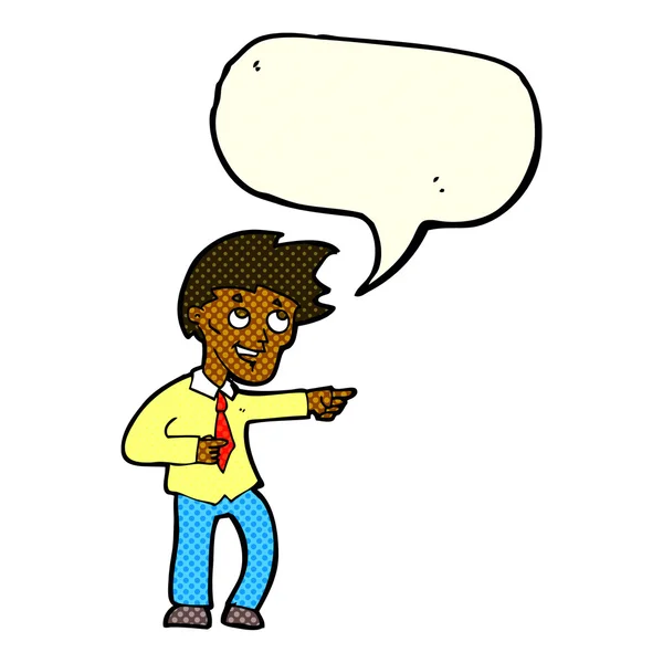Desenho animado engraçado homem de escritório apontando com bolha de fala — Vetor de Stock