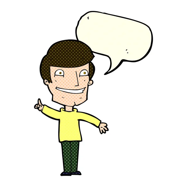 Γελοιογραφία χαμογελώντας άνθρωπος με την ιδέα με φούσκα ομιλία — Διανυσματικό Αρχείο