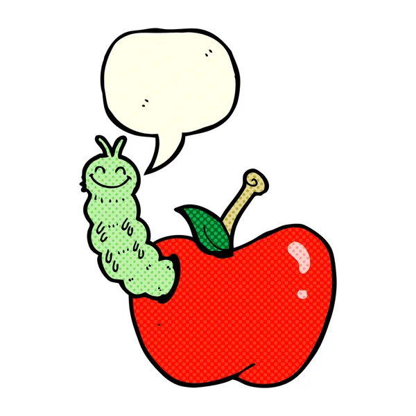 Cartoon bug eating apple with speech bubble — Stock Vector