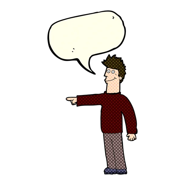 Dibujos animados hombre apuntando feliz con burbuja de habla — Vector de stock