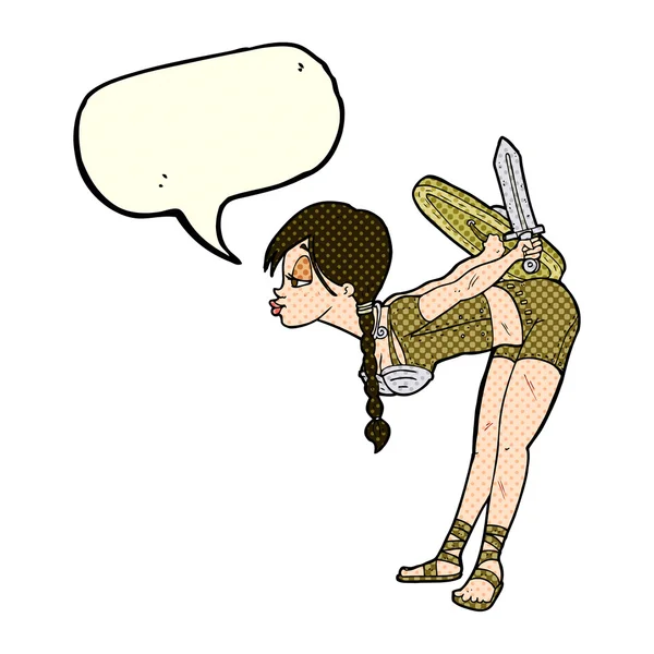 Dibujos animados vikingo chica inclinación con el habla burbuja — Archivo Imágenes Vectoriales