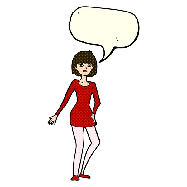 Κινουμένων σχεδίων γυναίκα στο φόρεμα με φούσκα ομιλία — Διανυσματικό Αρχείο