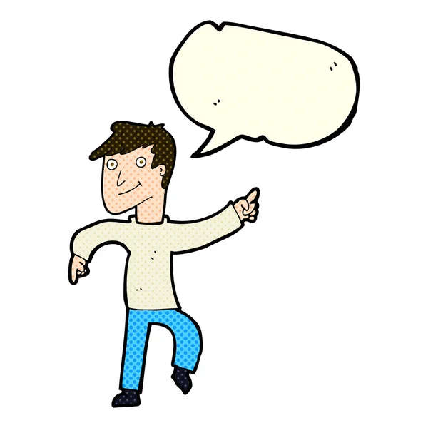 Γελοιογραφία χαρούμενος άνθρωπος που δείχνει με φούσκα ομιλία — Διανυσματικό Αρχείο