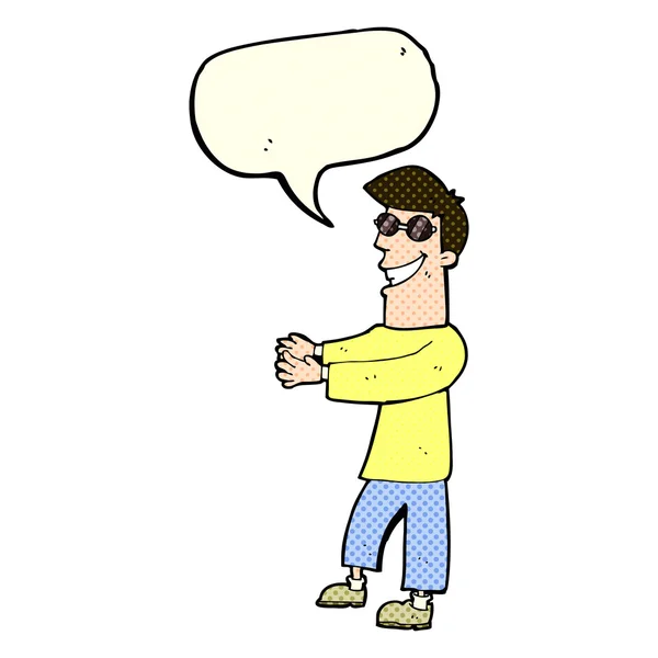 Cartoon grijnzende man het dragen van een bril met spraakbel — Stockvector