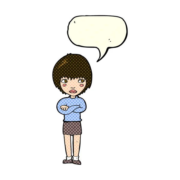 Cartoon annoyed woman with speech bubble — Stock Vector