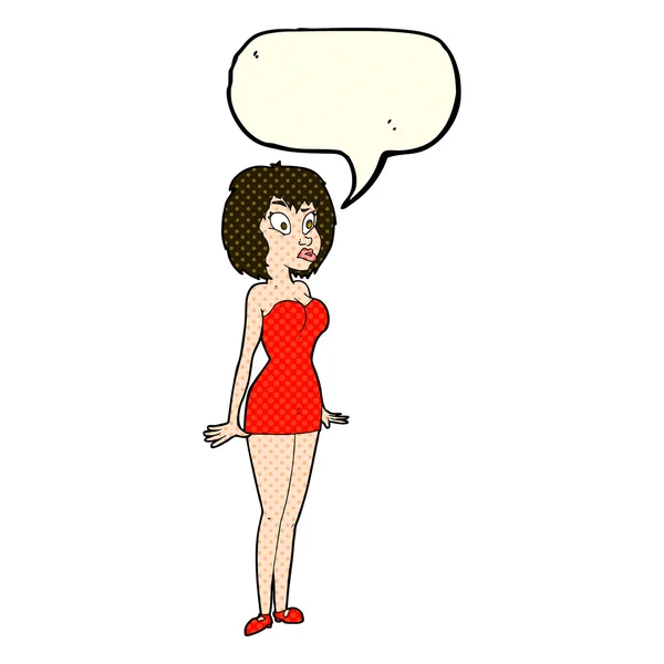 Cartoon surprised woman in short dress with speech bubble — Stock Vector