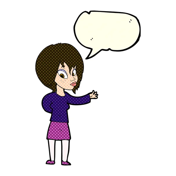 Cartoon woman making welcome gesture with speech bubble — Stock Vector