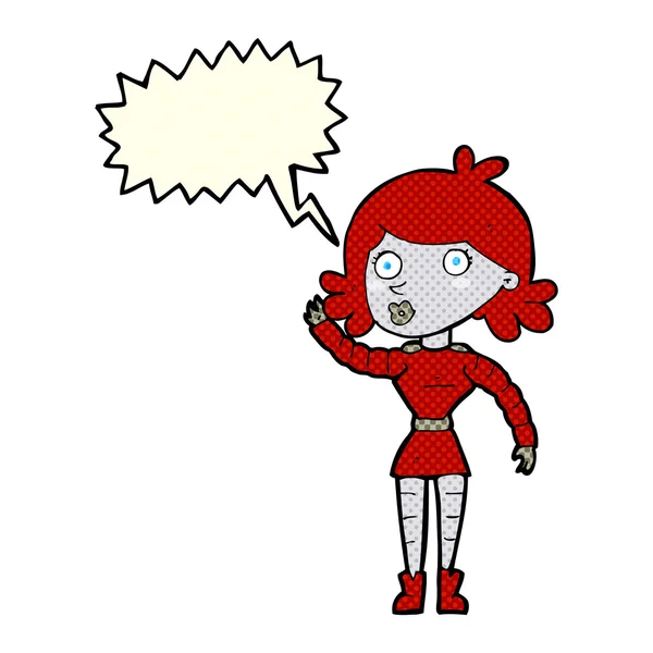 Robot de dibujos animados mujer ondeando con la burbuja del habla — Vector de stock