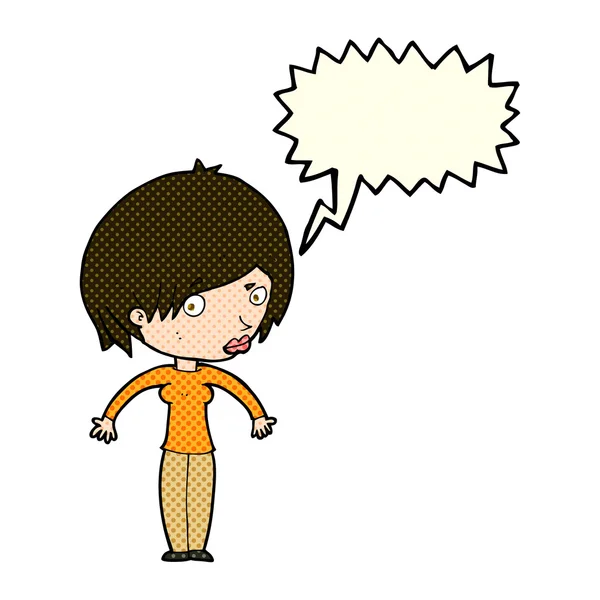 Cartoon woman shrugging with speech bubble — Stock Vector