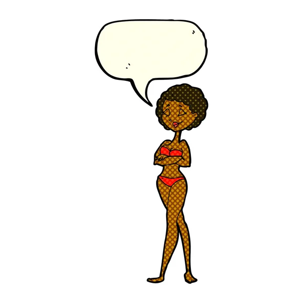 Cartone animato donna retrò in bikini con bolla discorso — Vettoriale Stock