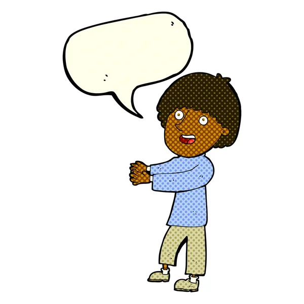 Cartoon gelukkig man tonen met spraak zeepbel — Stockvector