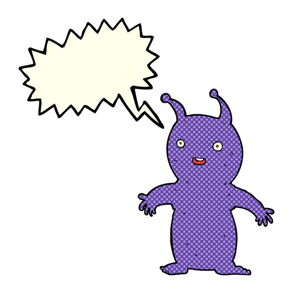 Desenho animado pequeno alienígena feliz com bolha de fala — Vetor de Stock