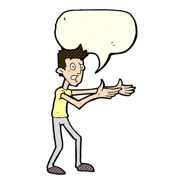 Homem dos desenhos animados desesperadamente explicando com bolha de fala —  Vetores de Stock