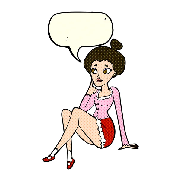 Cartoon attractive woman sitting thinking with speech bubble — Stock Vector